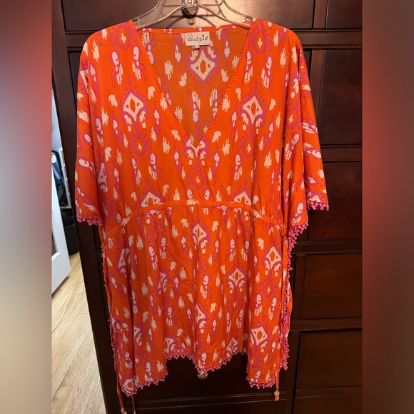 Mud pie beach coverup Orange / pink with pom-pom trim adjustable drawstring L/XL - Picture 2 of 7